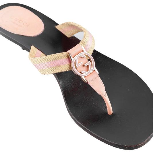 Gucci Brown Interlocking G Logo Pink Canvas Vintage Thong Heel Sandals (40 IT/41 EU)