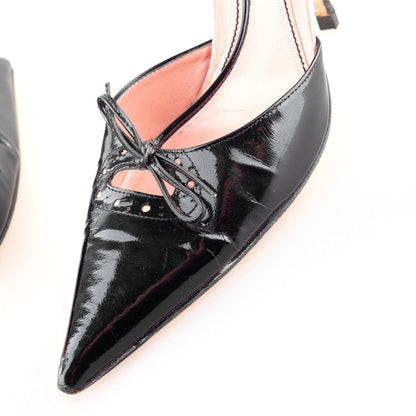 Miu Miu Vintage Kitten Bow Pointed Toe Black Patent Leather Heels (38 IT/39 EU)  