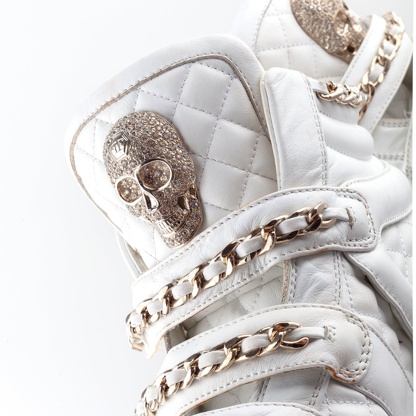 Philipp Plein White Wedge Chain Quilted Skull Sneakers (37 IT/38 EU)
