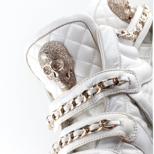 Philipp Plein White Wedge Chain Quilted Skull Sneakers (37 IT/38 EU)