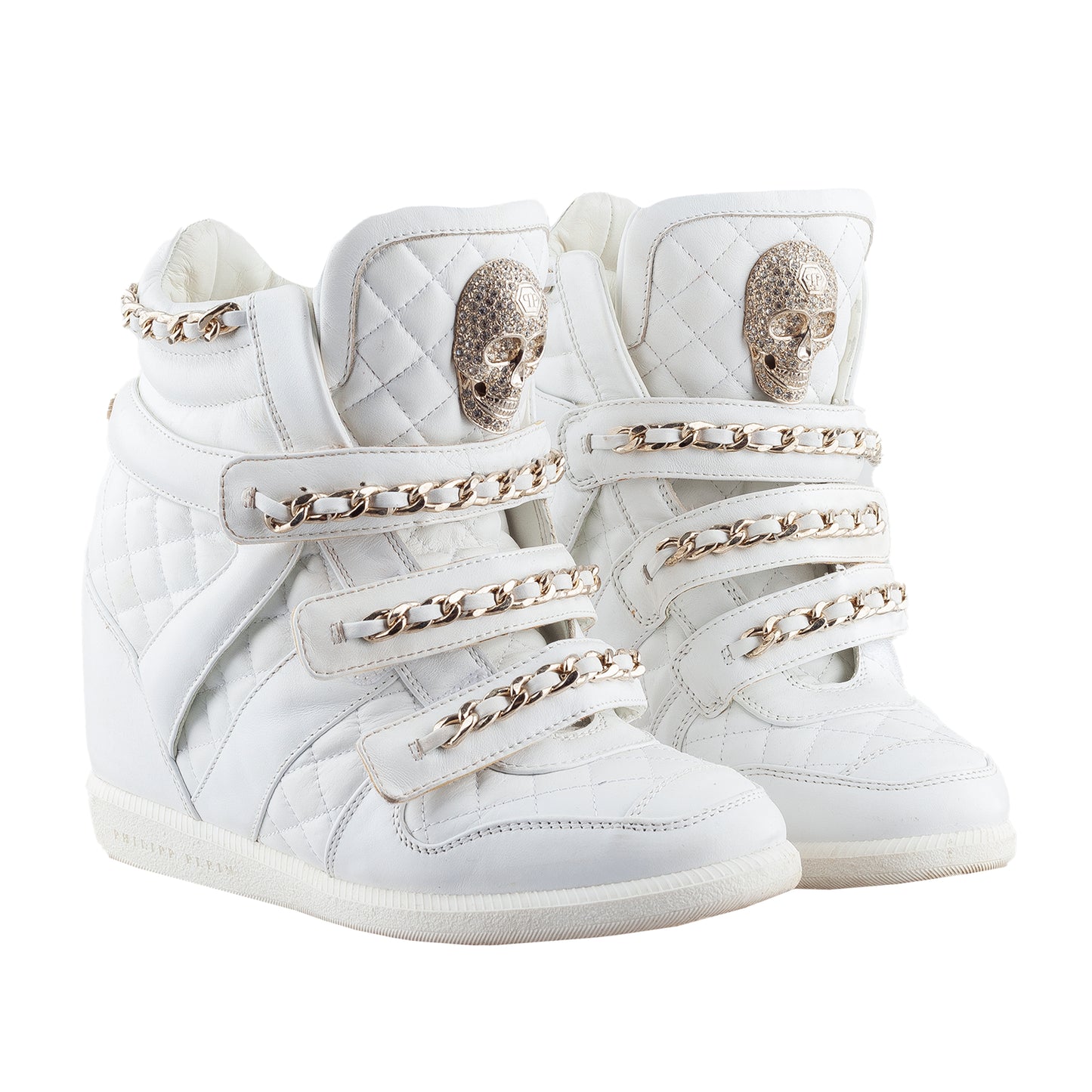 Philipp Plein White Wedge Chain Quilted Skull Sneakers (37 IT/38 EU)