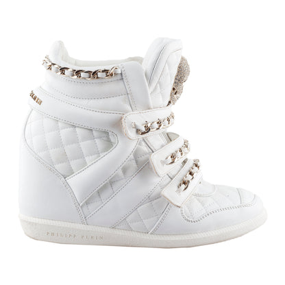 Philipp Plein White Wedge Chain Quilted Skull Sneakers (37 IT/38 EU)  