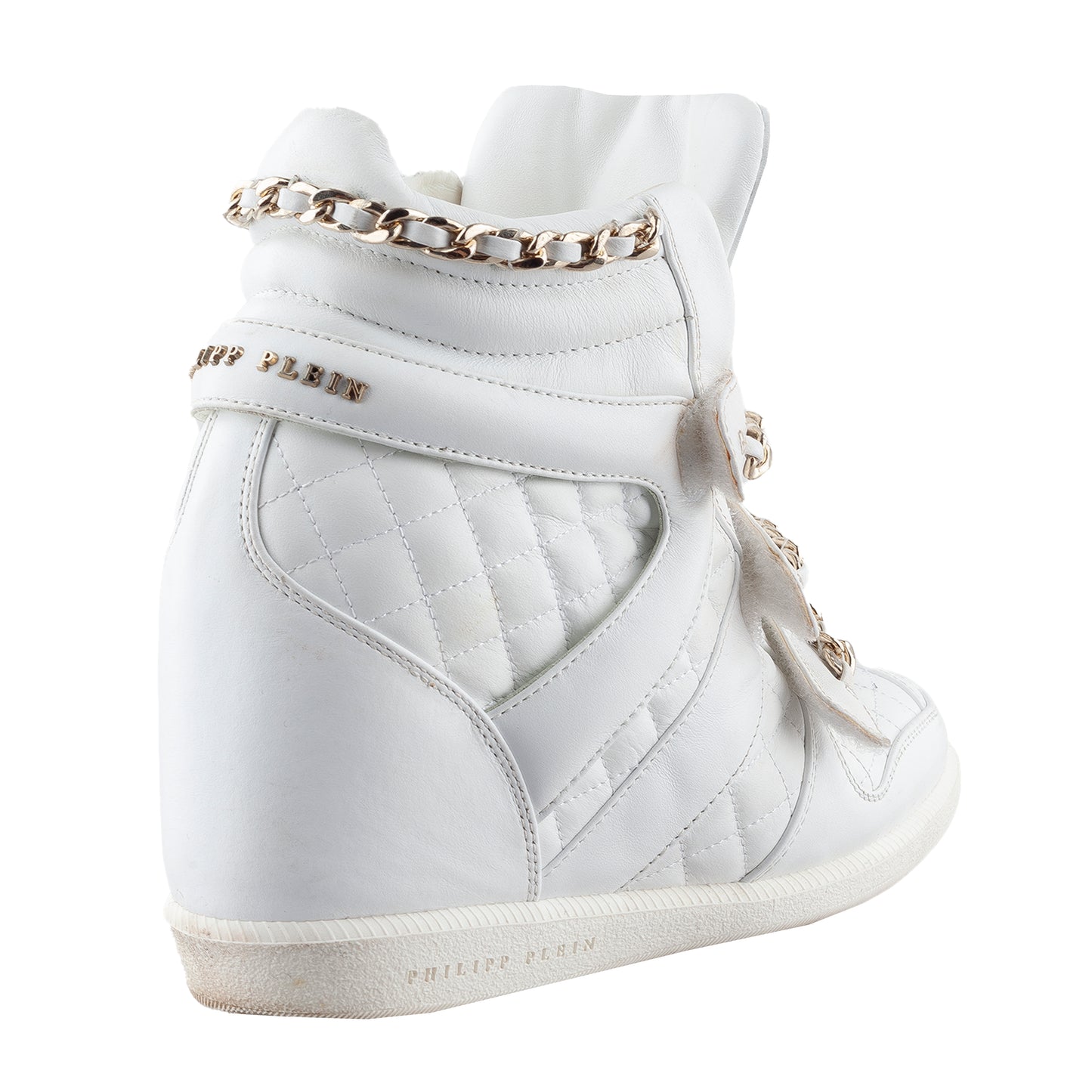 Philipp Plein White Wedge Chain Quilted Skull Sneakers (37 IT/38 EU)