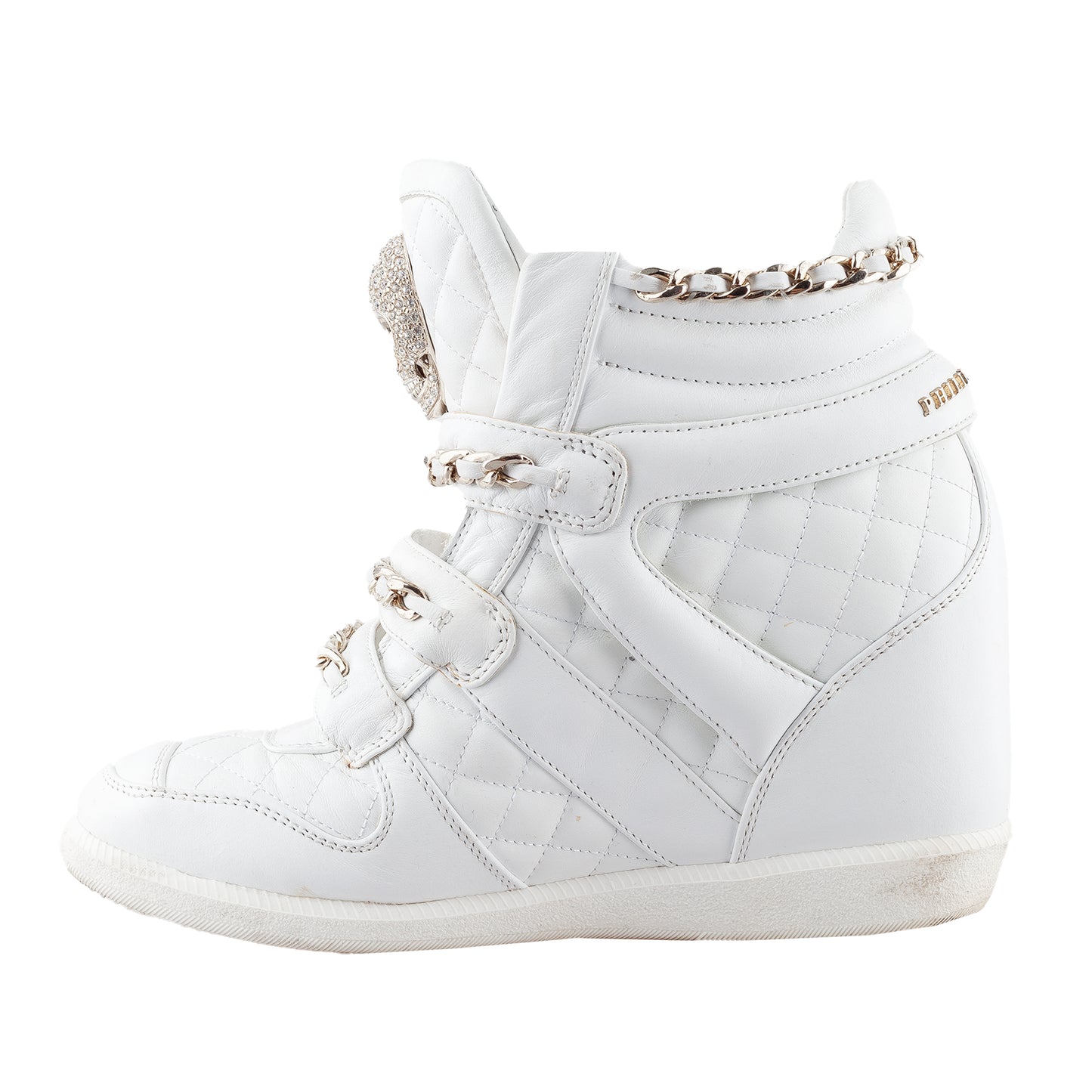 Philipp Plein White Wedge Chain Quilted Skull Sneakers (37 IT/38 EU)