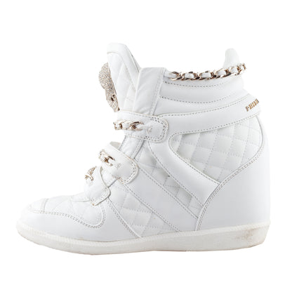 Philipp Plein White Wedge Chain Quilted Skull Sneakers (37 IT/38 EU)  