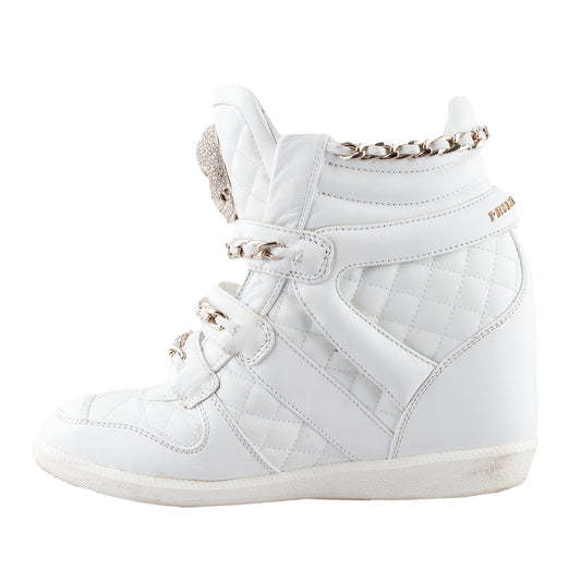 Philipp Plein White Wedge Chain Quilted Skull Sneakers (37 IT/38 EU)