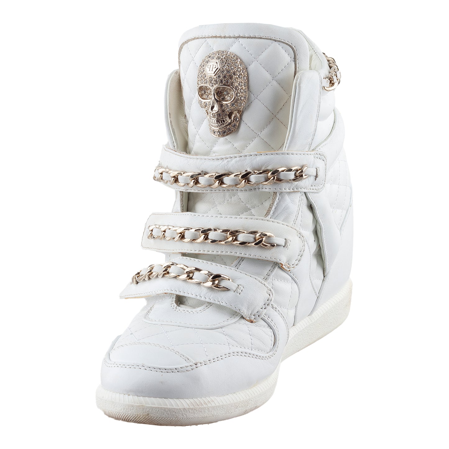 Philipp Plein White Wedge Chain Quilted Skull Sneakers (37 IT/38 EU)