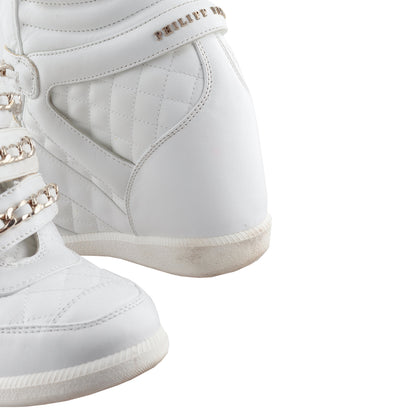 Philipp Plein White Wedge Chain Quilted Skull Sneakers (37 IT/38 EU)  