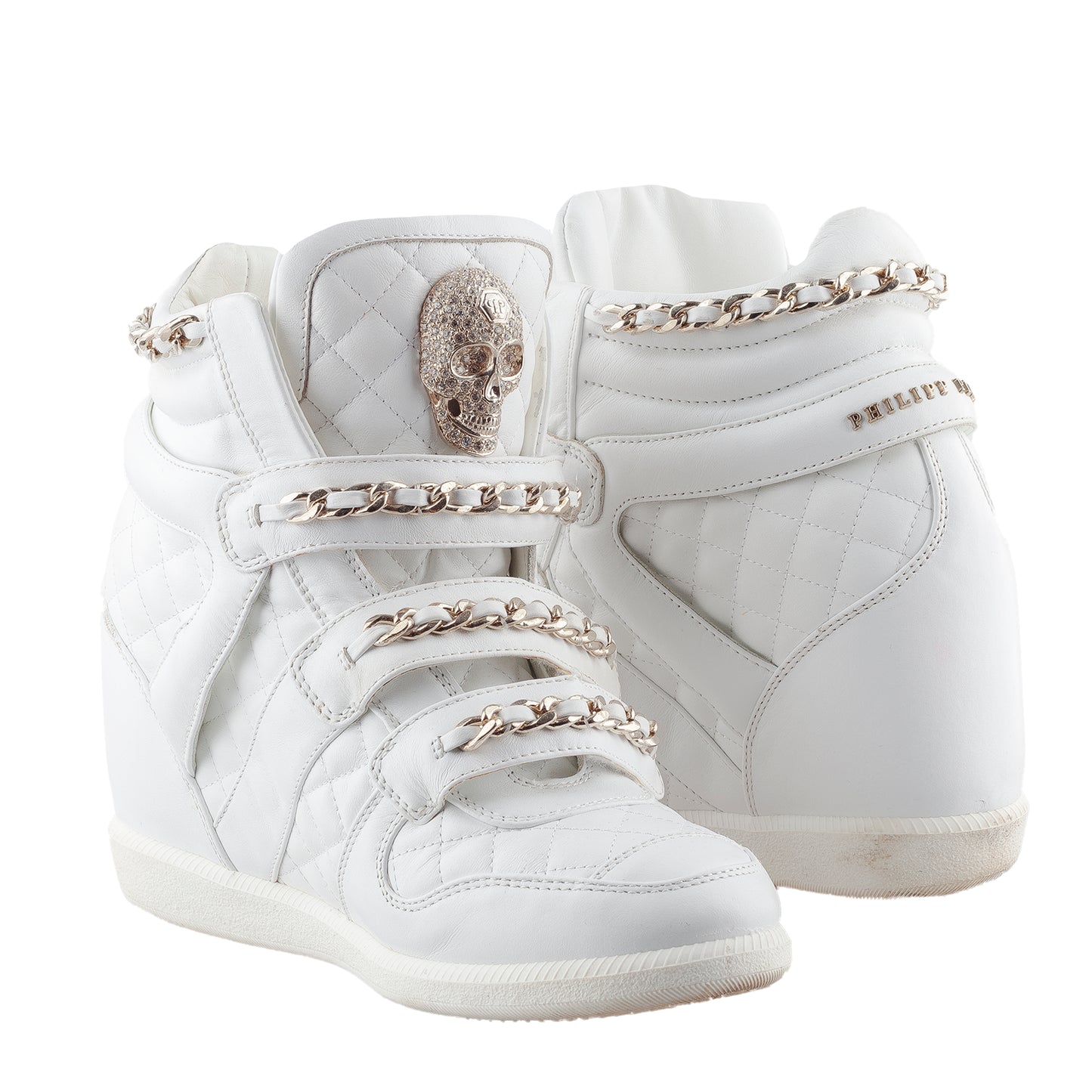 Philipp Plein White Wedge Chain Quilted Skull Sneakers (37 IT/38 EU)