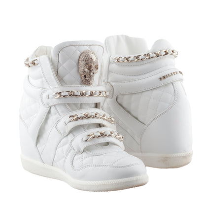 Philipp Plein White Wedge Chain Quilted Skull Sneakers (37 IT/38 EU)  