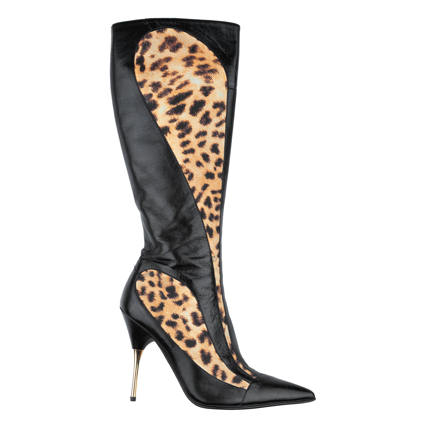 Roberto Cavalli 2002 Vintage Cheetah/Black Pointed Toe High Knee Boots (38,5 EU)