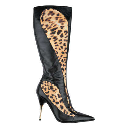 Roberto Cavalli 2002 Vintage Cheetah/Black Pointed Toe High Knee Boots (38,5 EU)