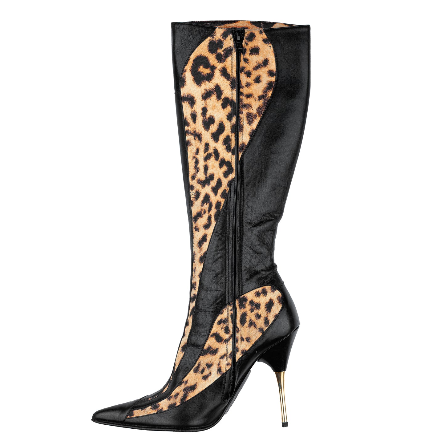 Roberto Cavalli 2002 Vintage Cheetah/Black Pointed Toe High Knee Boots (38,5 EU)