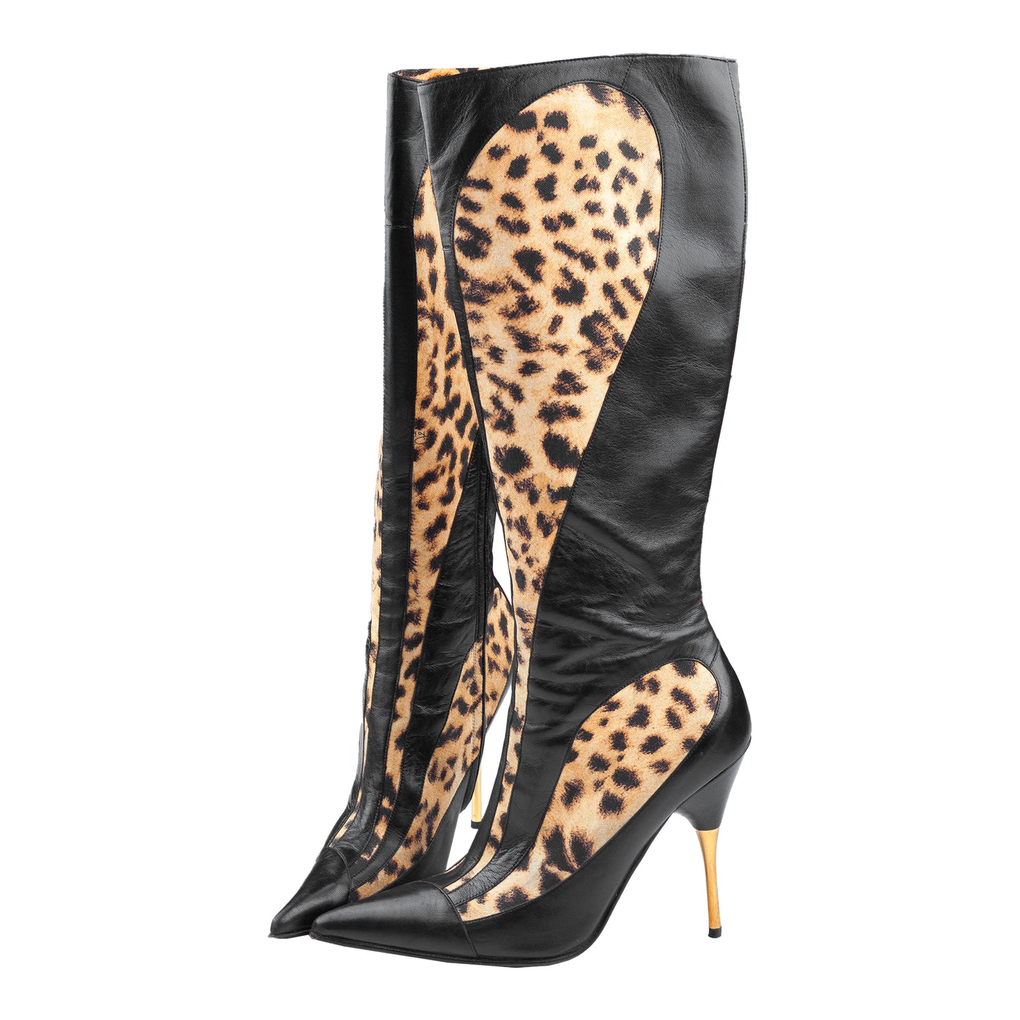 Roberto Cavalli 2002 Vintage Cheetah/Black Pointed Toe High Knee Boots (38,5 EU)