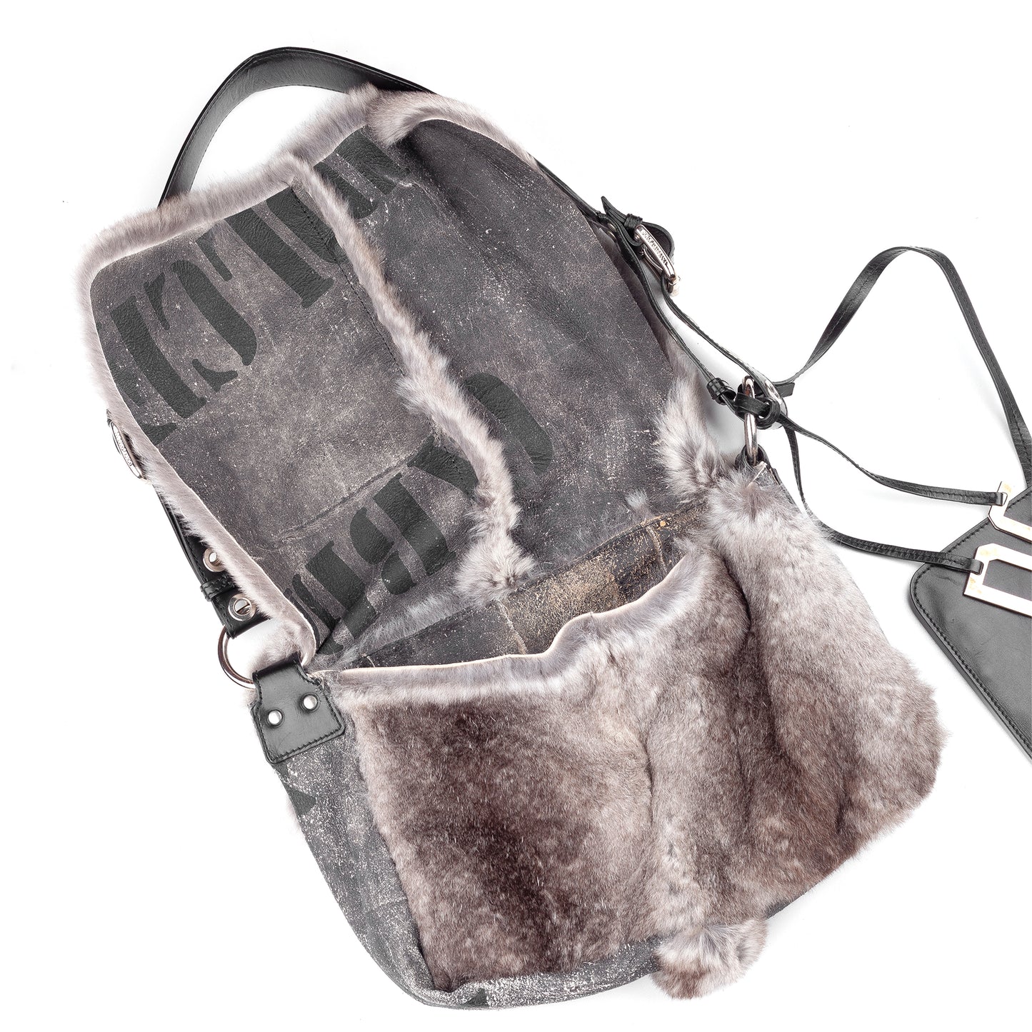 Dolce & Gabbana Vintage Reversible Rabbit Fur Grey Leather Shoulder Bag
