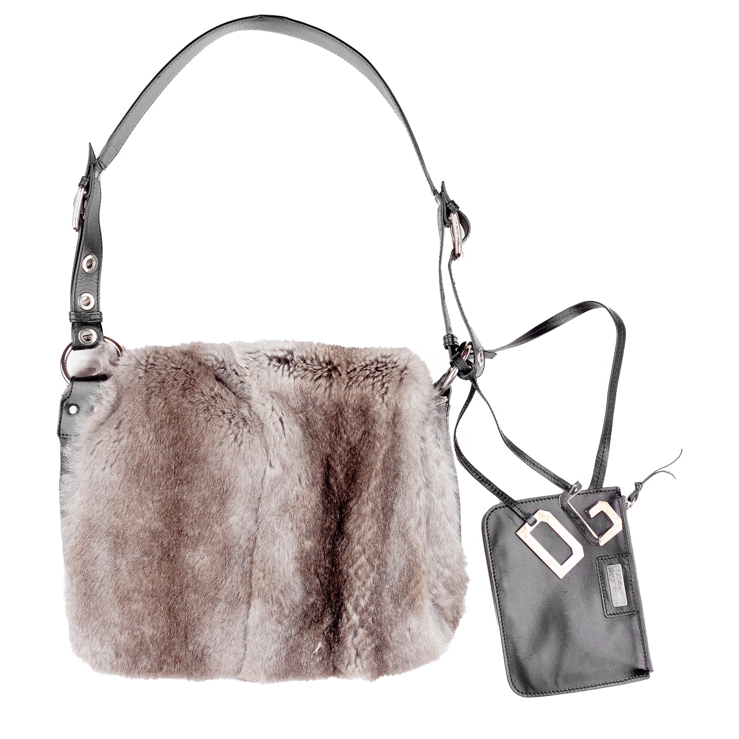 Dolce & Gabbana Vintage Reversible Rabbit Fur Grey Leather Shoulder Bag