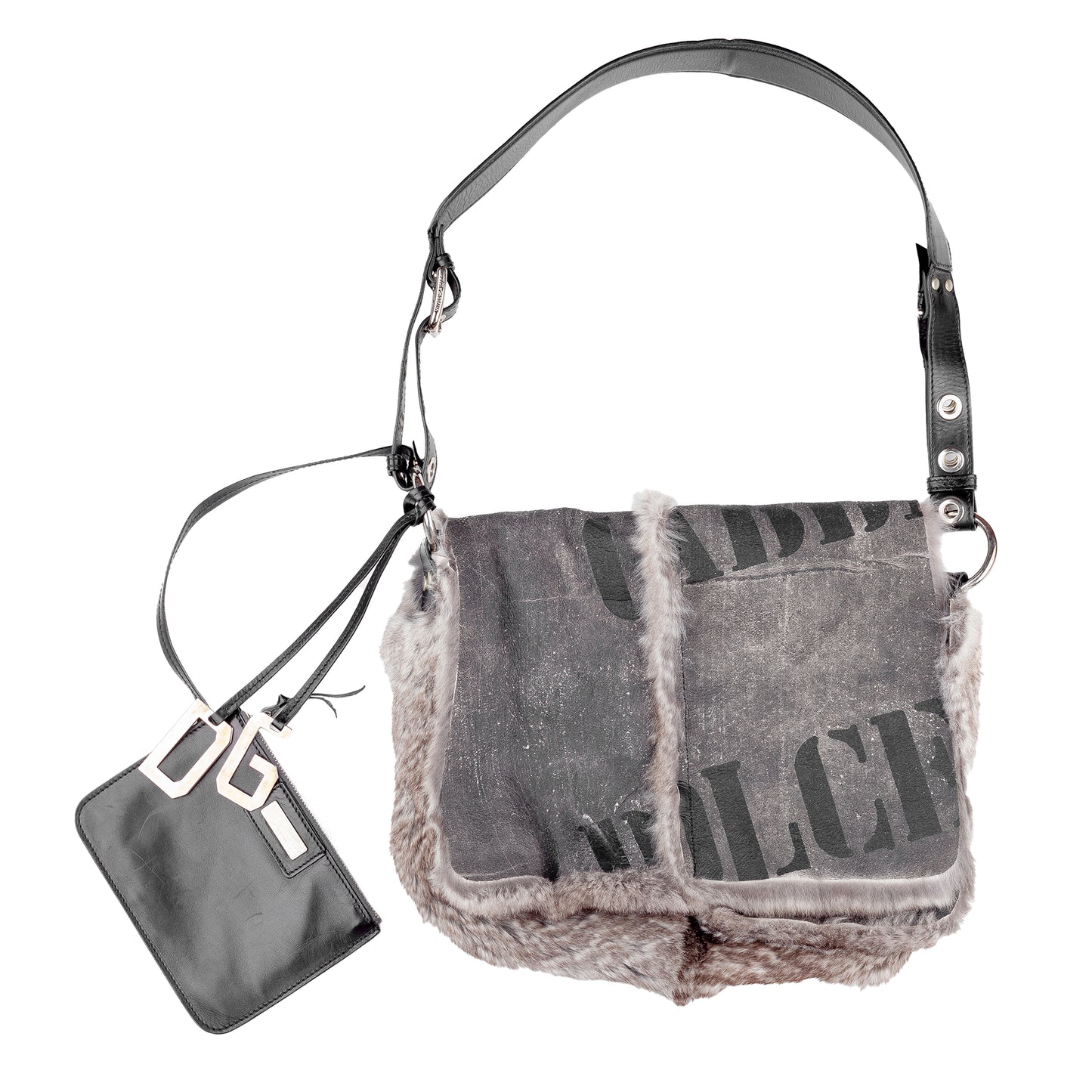 Dolce & Gabbana Vintage Reversible Rabbit Fur Grey Leather Shoulder Bag