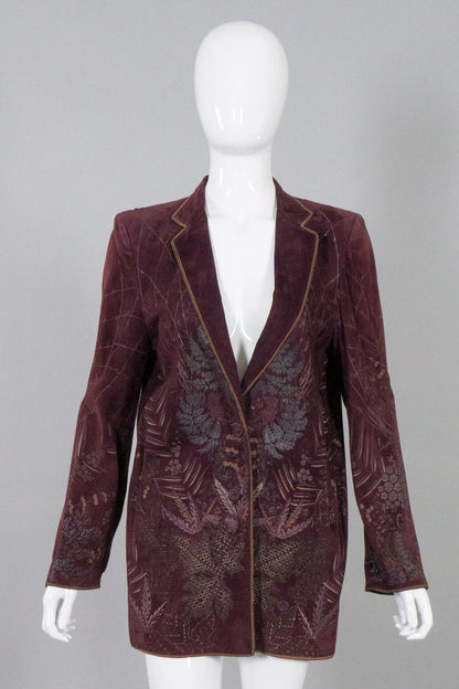 Roberto Cavalli Vintage Flora Suede Leather Boyfriend Jacket  