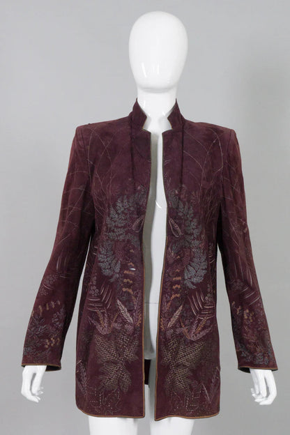Roberto Cavalli Vintage Flora Suede Leather Boyfriend Jacket  