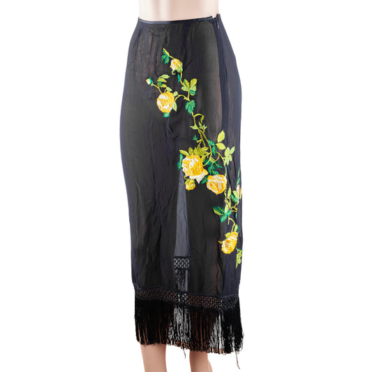 D&G Dolce & Gabbana Black Sheer Floral Embroidered Fringe Midi Skirt