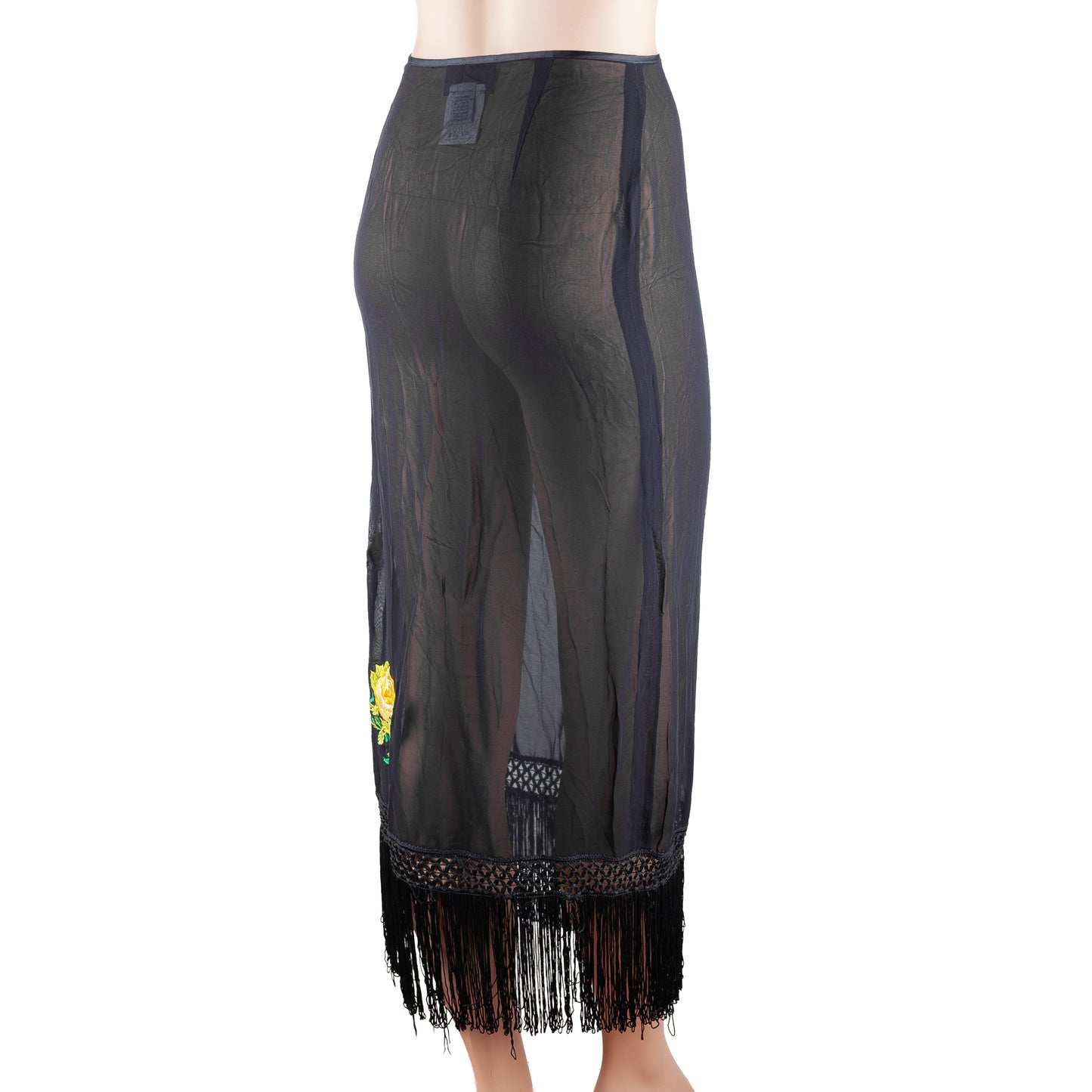 D&G Dolce & Gabbana Black Sheer Floral Embroidered Fringe Midi Skirt
