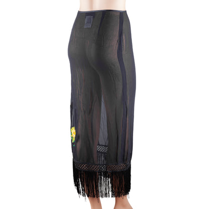 D&G Dolce & Gabbana Black Sheer Floral Embroidered Fringe Midi Skirt