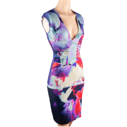 Roberto Cavalli Floral Orchid Print Bodycon Midi Dress
