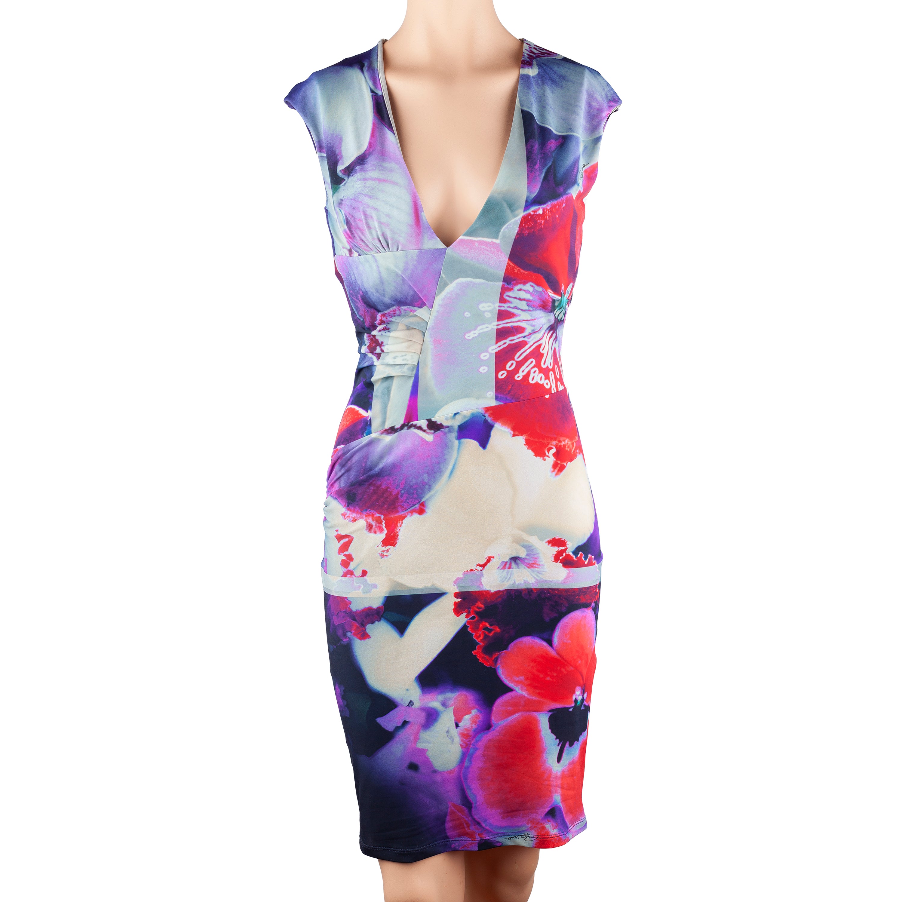 Roberto Cavalli Floral Orchid Print Bodycon Midi Dress