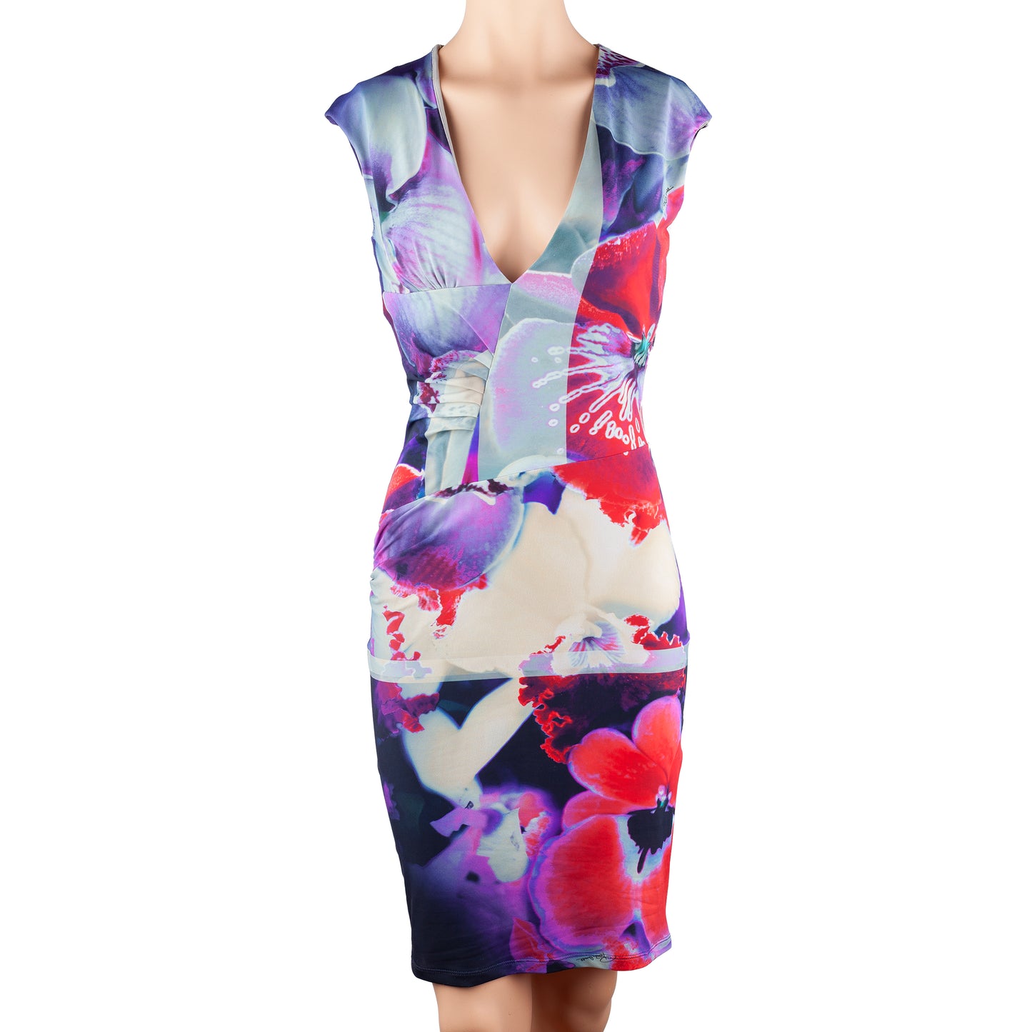Roberto Cavalli Floral Orchid Print Bodycon Midi Dress