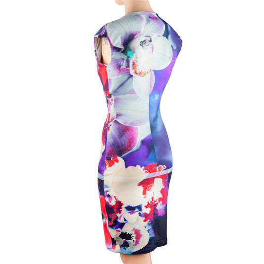 Roberto Cavalli Floral Orchid Print Bodycon Midi Dress
