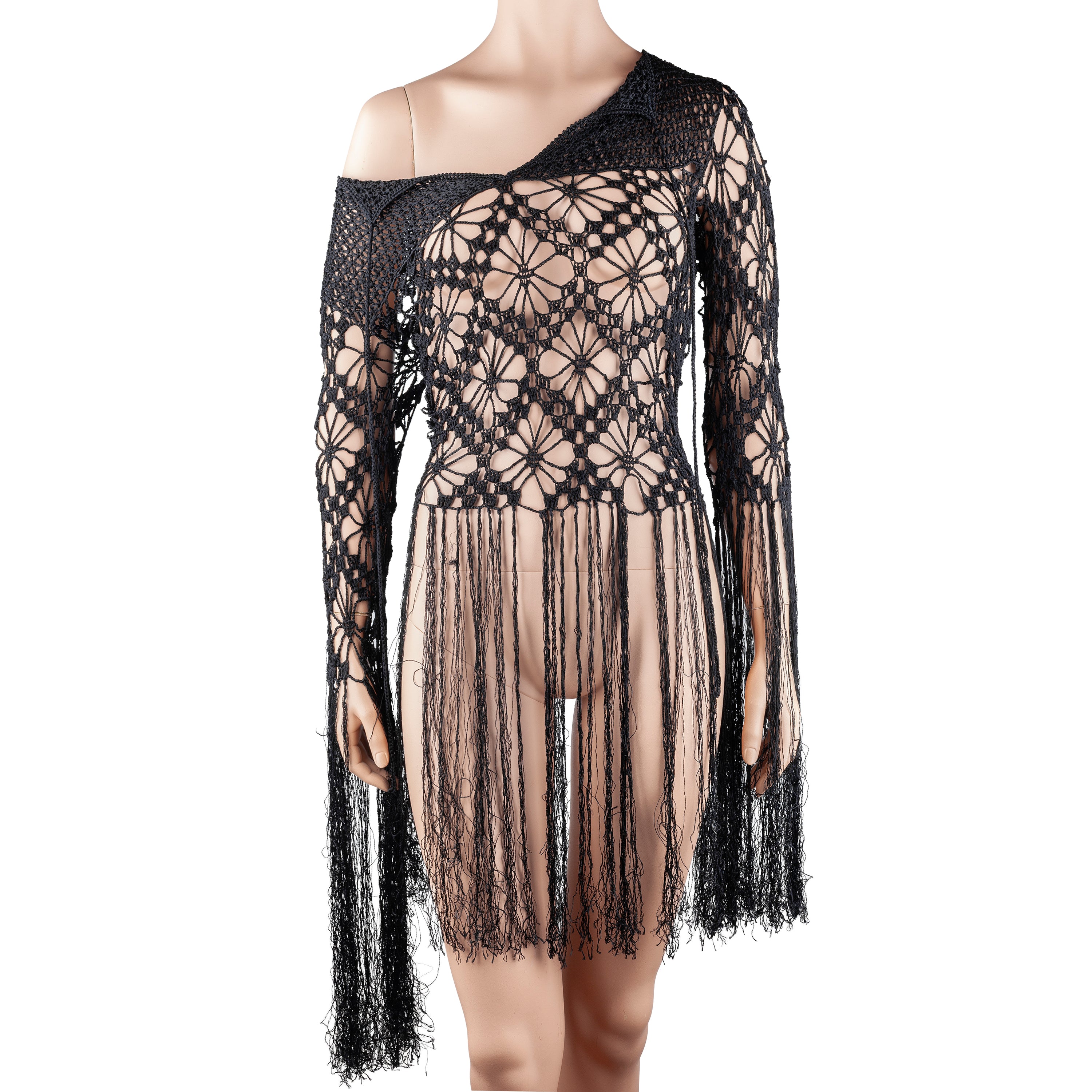 Nolita NYC Black Hand-Crocheted Floral Fringe Off-Shoulder Knit Top