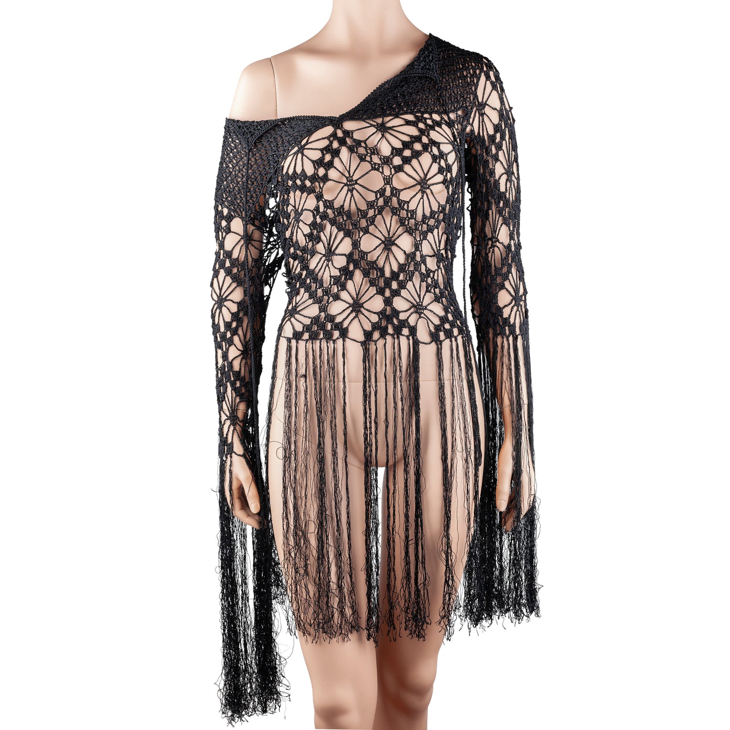 Nolita NYC Black Hand-Crocheted Floral Fringe Off-Shoulder Knit Top