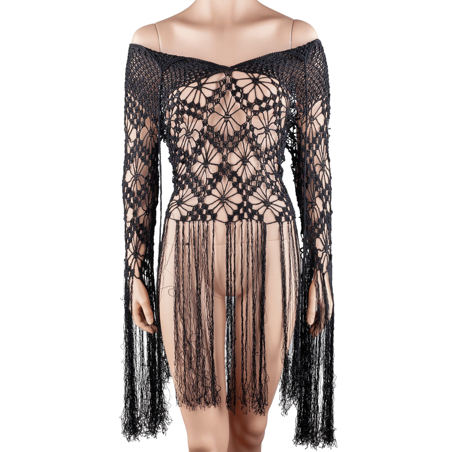 Nolita NYC Black Hand-Crocheted Floral Fringe Off-Shoulder Knit Top