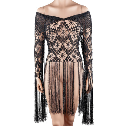 Nolita NYC Black Hand-Crocheted Floral Fringe Off-Shoulder Knit Top