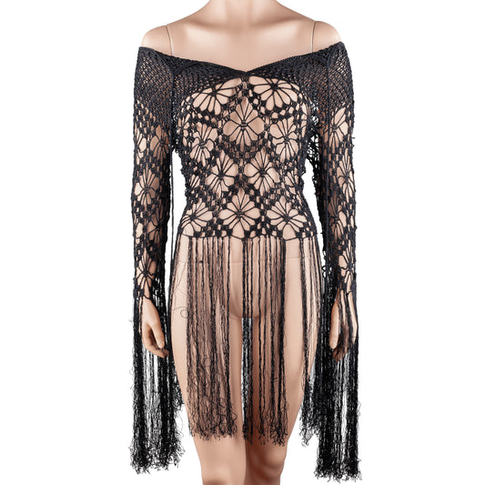Nolita NYC Black Hand-Crocheted Floral Fringe Off-Shoulder Knit Top