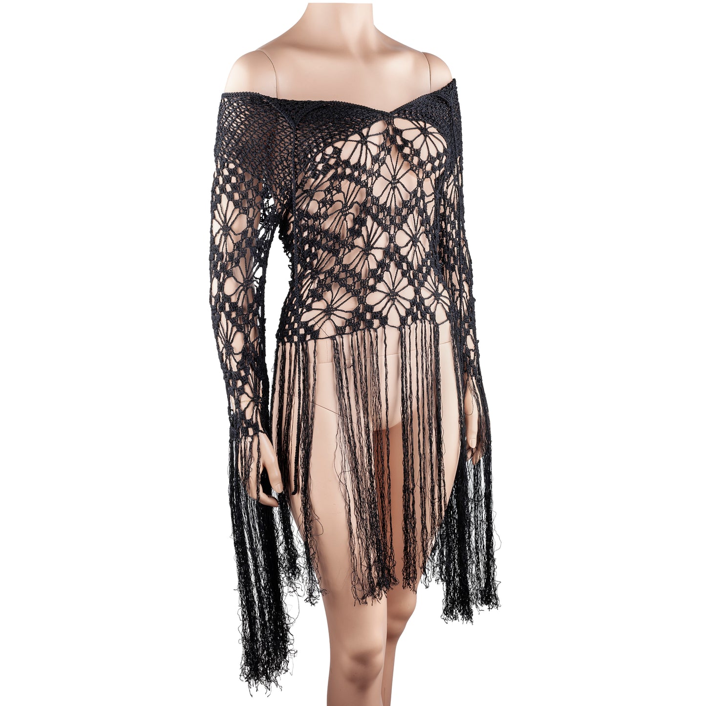 Nolita NYC Black Hand-Crocheted Floral Fringe Off-Shoulder Knit Top