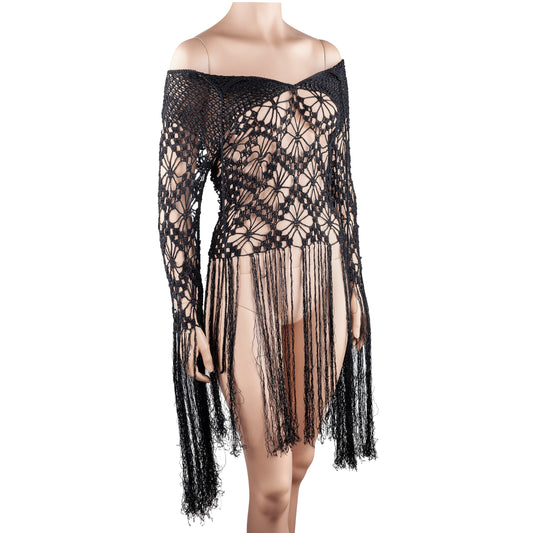 Nolita NYC Black Hand-Crocheted Floral Fringe Off-Shoulder Knit Top
