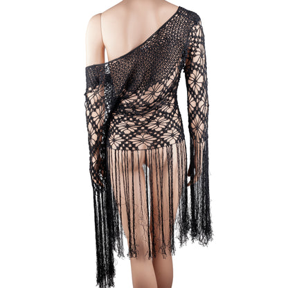 Nolita NYC Black Hand-Crocheted Floral Fringe Off-Shoulder Knit Top