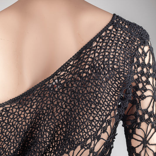 Nolita NYC Black Hand-Crocheted Floral Fringe Off-Shoulder Knit Top
