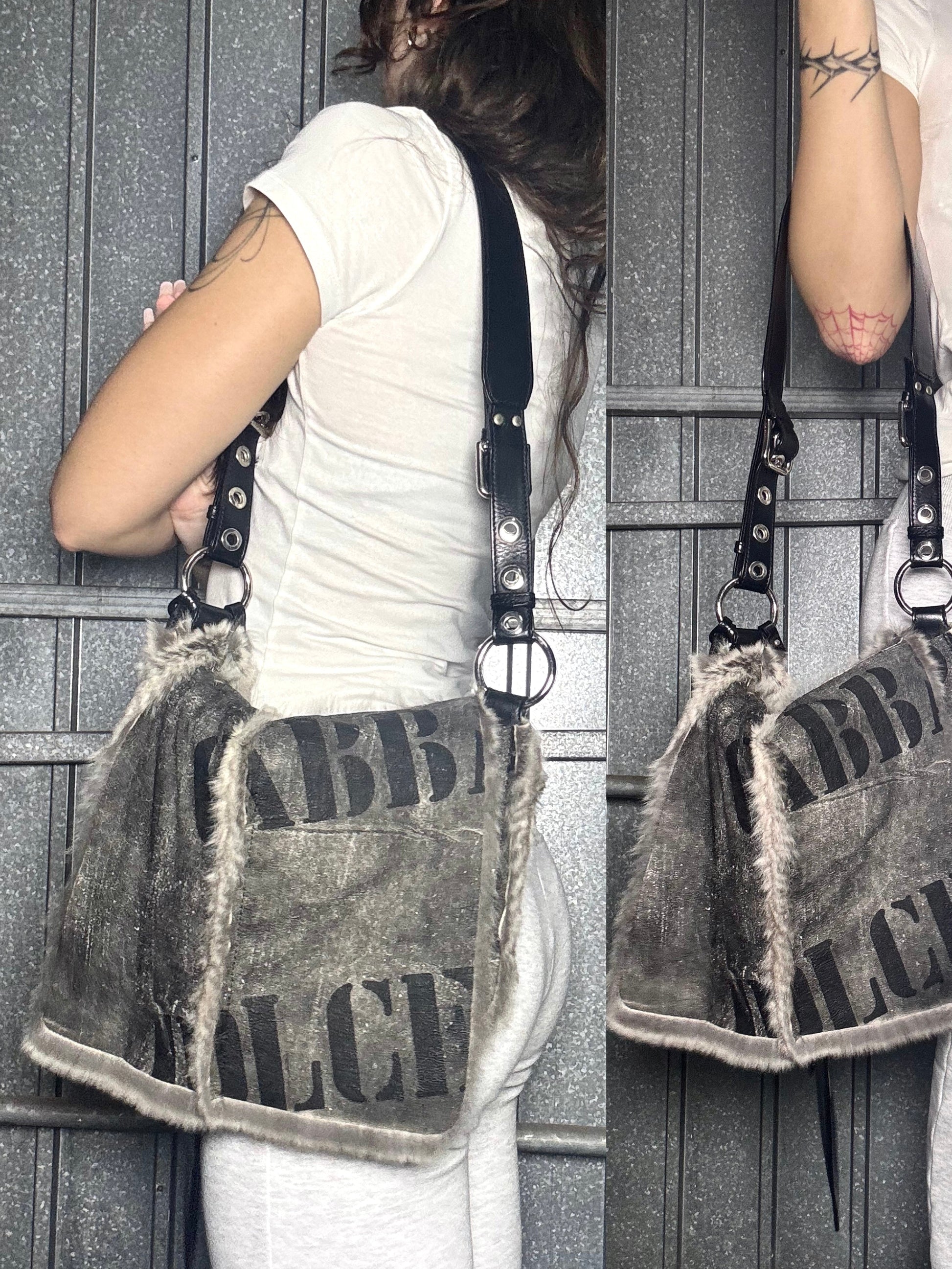 Dolce & Gabbana Vintage Reversible Rabbit Fur Grey Leather Shoulder Bag  