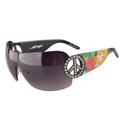 Ed Hardy by Christian Audigier EHS027 "Frame China" Black Peace Sign Shield Vintage Tattoo Sunglasses