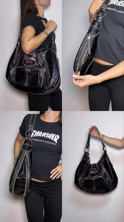 Pierre Balmain Big Black Patent Leather Hobo Shoulder Bag