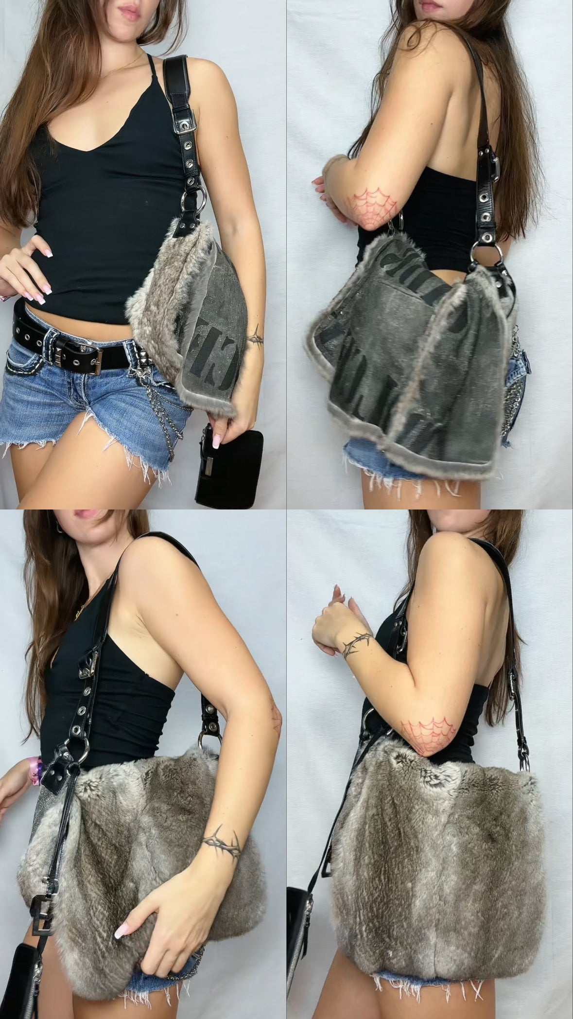 Dolce & Gabbana Vintage Reversible Rabbit Fur Grey Leather Shoulder Bag