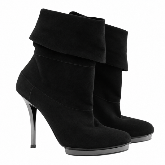 Gucci Black Suede Fold-Over Platform Stiletto Ankle Boots