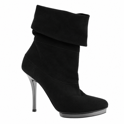 Gucci Black Suede Fold-Over Platform Stiletto Ankle Boots