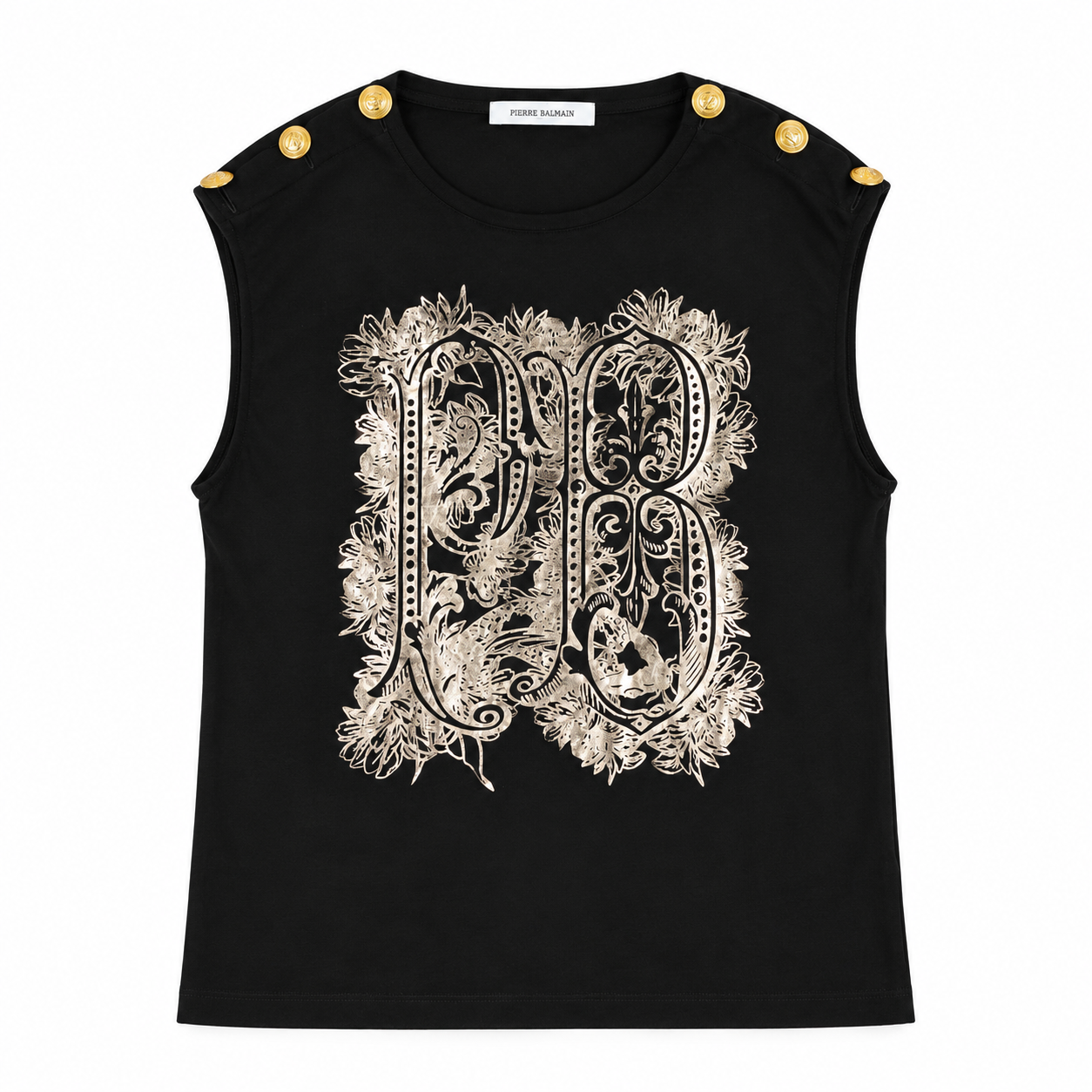 Pierre Balmain Black PB Monogram Gold Button Sleeveless Top