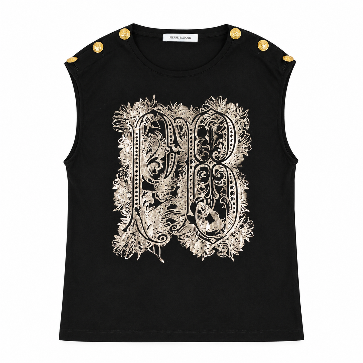 Pierre Balmain Black PB Monogram Gold Button Sleeveless Top