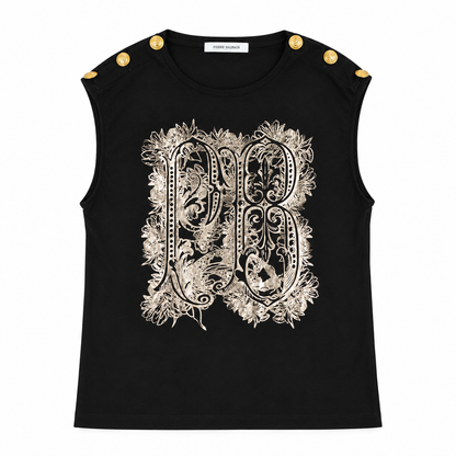 Pierre Balmain Black PB Monogram Gold Button Sleeveless Top
