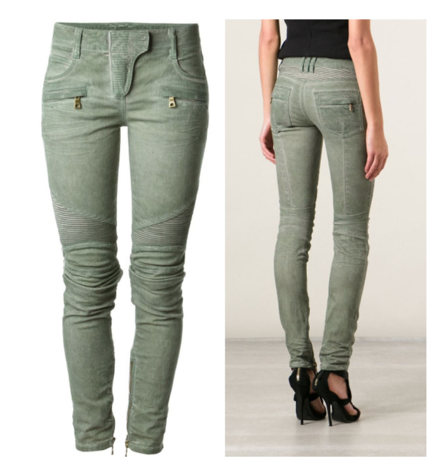 Balmain Paris Washed Military Green Biker Skinny Jeans