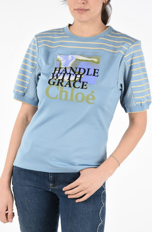 Chloé Shadow Blue Printed 'Handle with Grace' Balloon Sleeves Top  